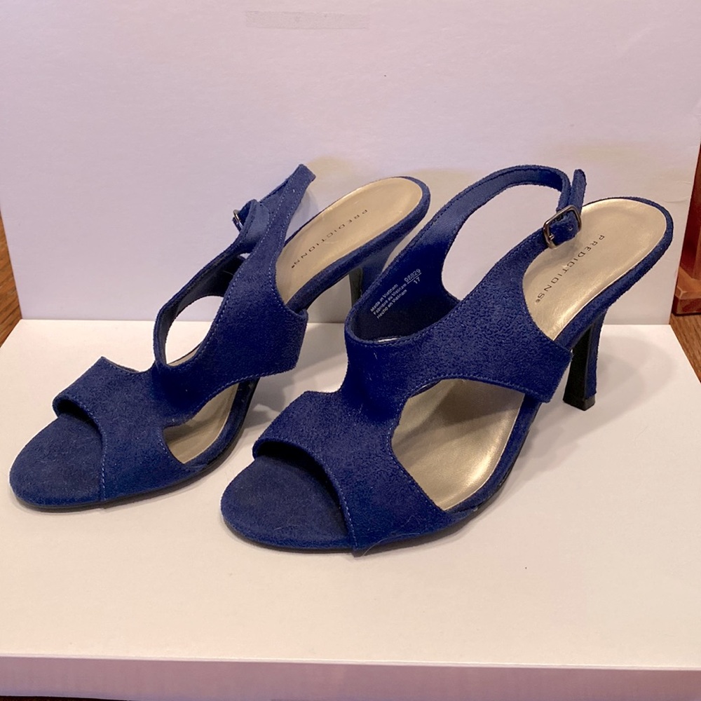 Predictions, blue suede heels, size 8